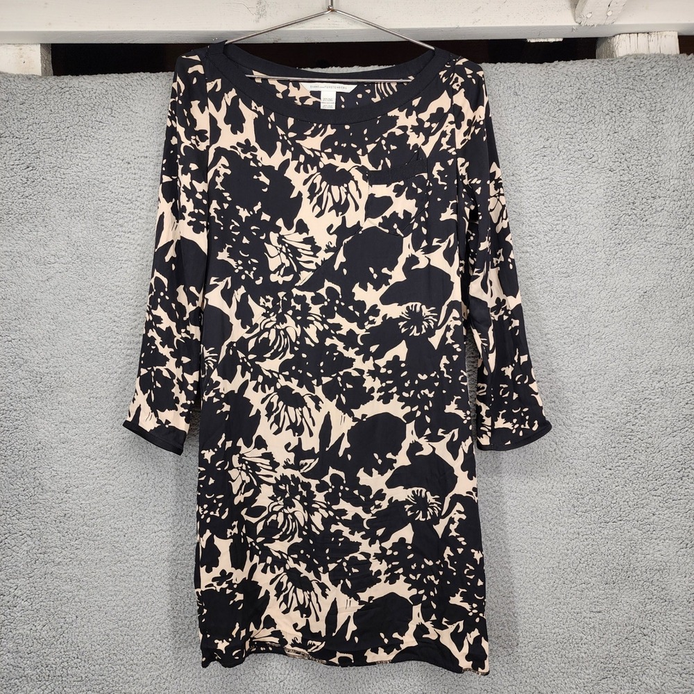 Diane von Furstenberg DVF Black Cream Floral Silk Shift Dress Size 6 RN84177